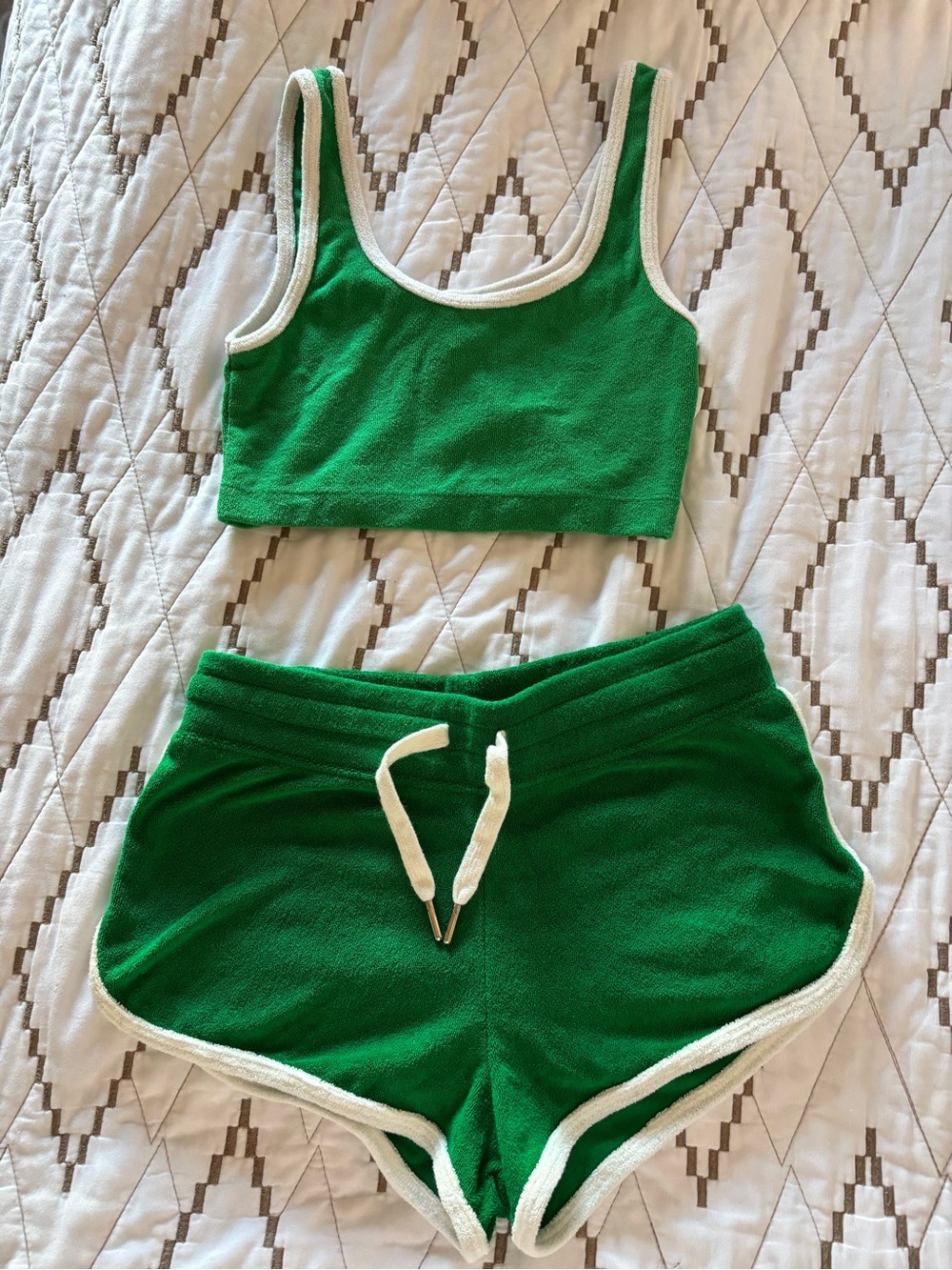 Green Terry Cloth Two-Piece Shorts Set with White Trim